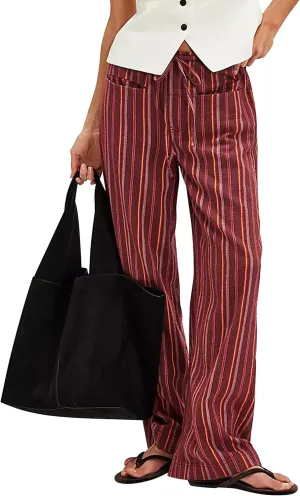 Ythomm Womens Striped Wide Leg Trousers Y2k Plaid Print Drawstring High Waist Casual Pants Boho Baggy Check Pants with Pocket