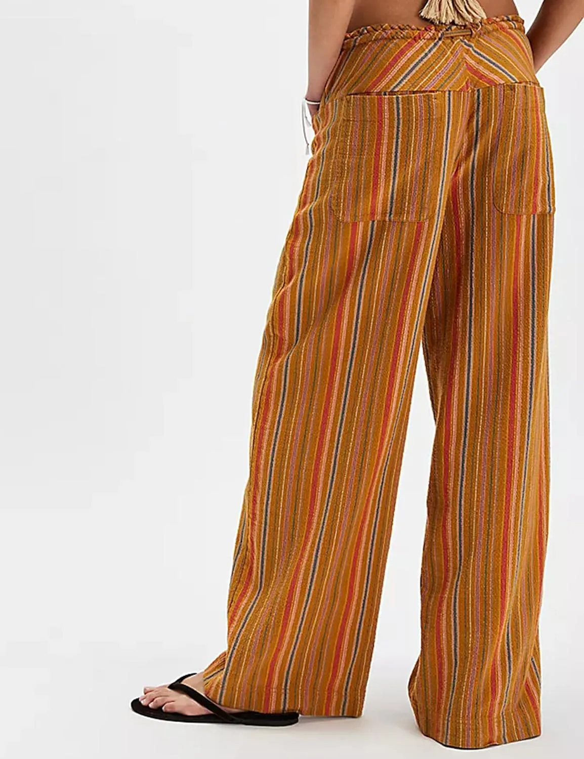Ythomm Womens Striped Wide Leg Trousers Y2k Plaid Print Drawstring High Waist Casual Pants Boho Baggy Check Pants with Pocket
