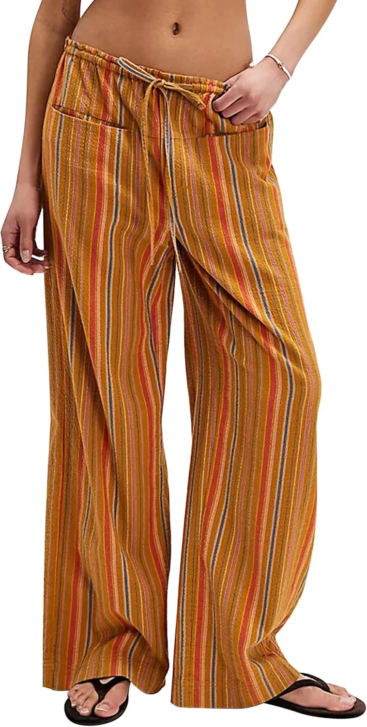 Ythomm Womens Striped Wide Leg Trousers Y2k Plaid Print Drawstring High Waist Casual Pants Boho Baggy Check Pants with Pocket