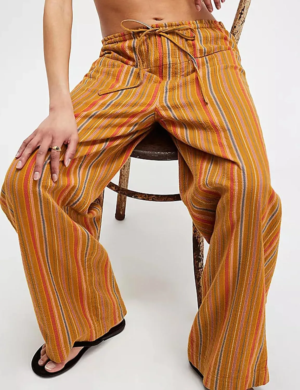 Ythomm Womens Striped Wide Leg Trousers Y2k Plaid Print Drawstring High Waist Casual Pants Boho Baggy Check Pants with Pocket