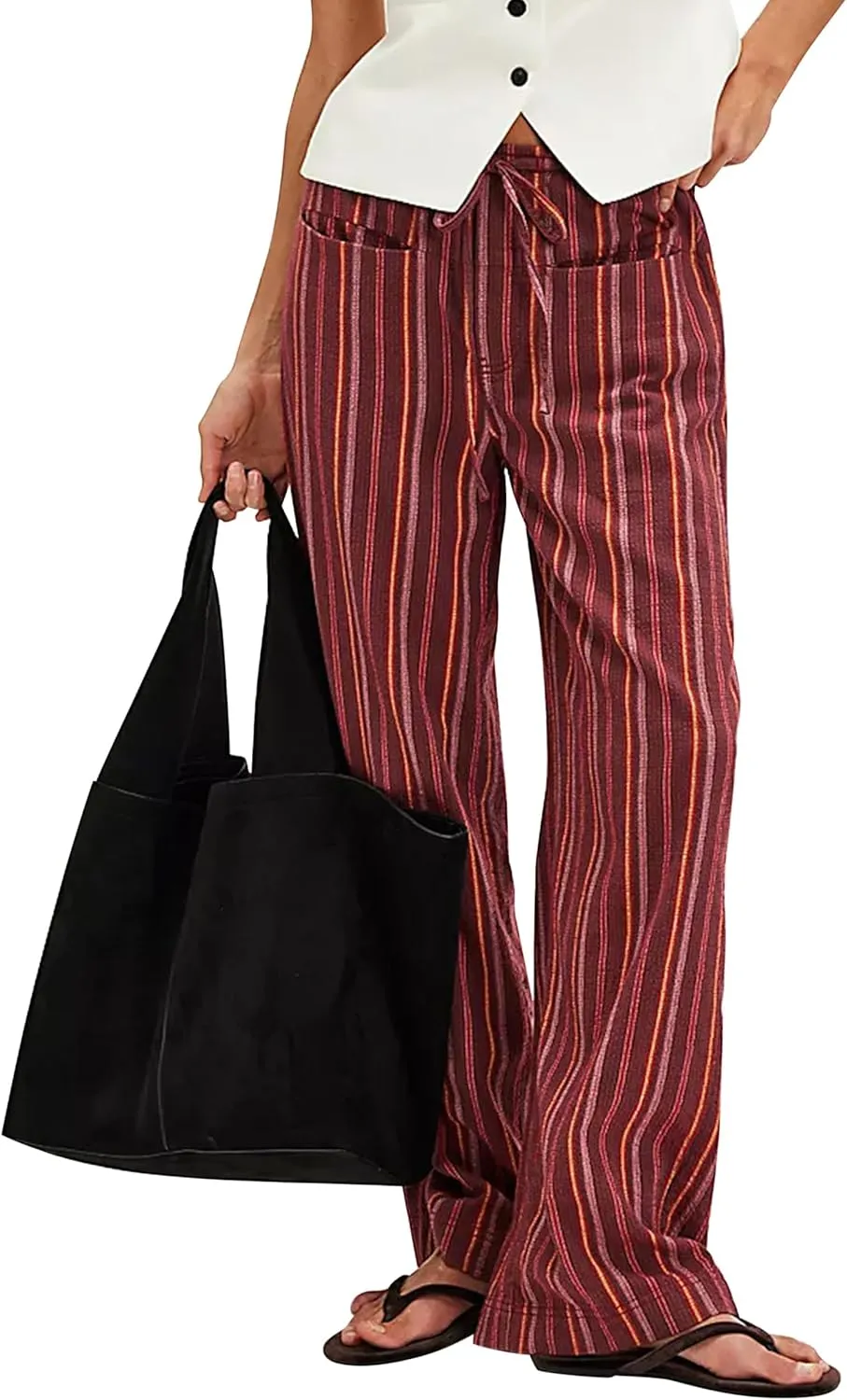 Ythomm Womens Striped Wide Leg Trousers Y2k Plaid Print Drawstring High Waist Casual Pants Boho Baggy Check Pants with Pocket
