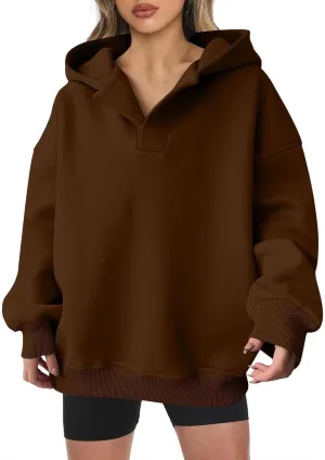 YUHGODO Womens Casual Oversized Hoodies V Neck Long Sleeve Loose Pullovers Sweatshirts Active Preppy Hoodie for Teen Girls
