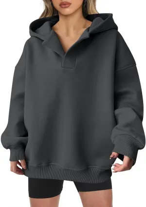 YUHGODO Womens Casual Oversized Hoodies V Neck Long Sleeve Loose Pullovers Sweatshirts Active Preppy Hoodie for Teen Girls