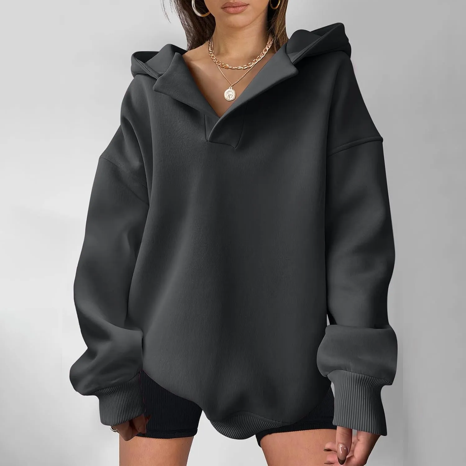 YUHGODO Womens Casual Oversized Hoodies V Neck Long Sleeve Loose Pullovers Sweatshirts Active Preppy Hoodie for Teen Girls