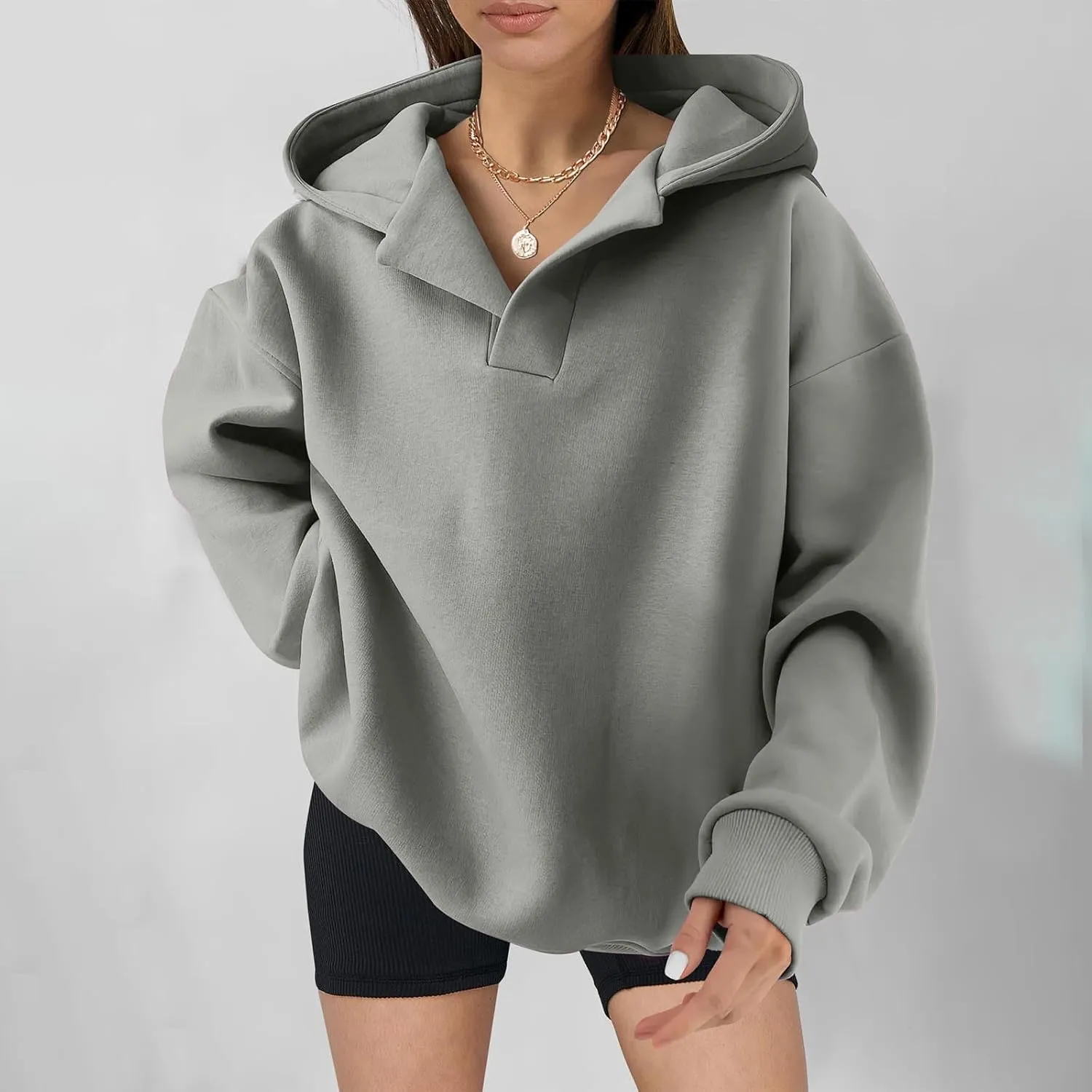 YUHGODO Womens Casual Oversized Hoodies V Neck Long Sleeve Loose Pullovers Sweatshirts Active Preppy Hoodie for Teen Girls