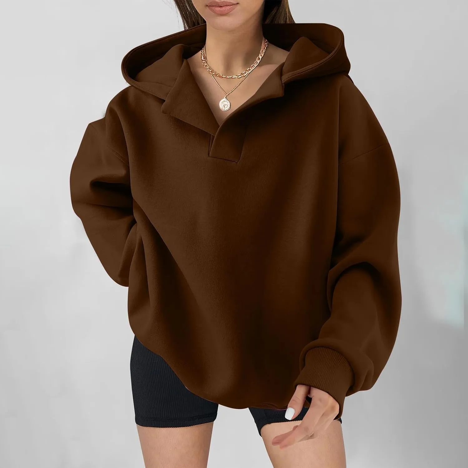 YUHGODO Womens Casual Oversized Hoodies V Neck Long Sleeve Loose Pullovers Sweatshirts Active Preppy Hoodie for Teen Girls