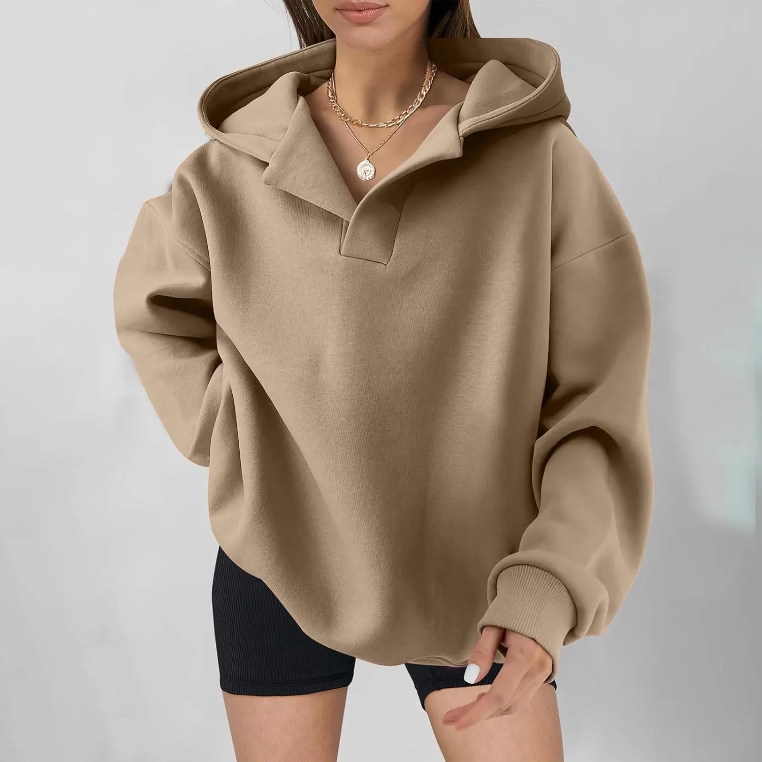 YUHGODO Womens Casual Oversized Hoodies V Neck Long Sleeve Loose Pullovers Sweatshirts Active Preppy Hoodie for Teen Girls