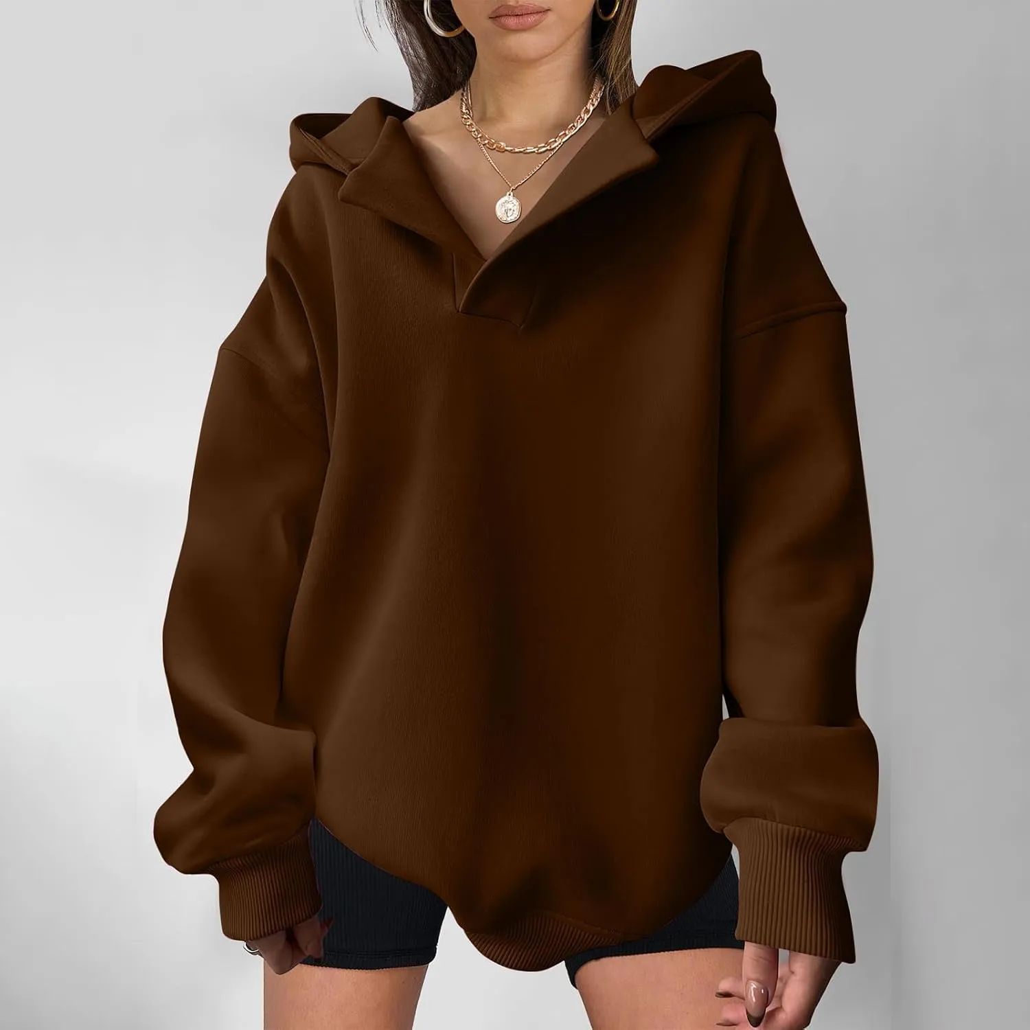 YUHGODO Womens Casual Oversized Hoodies V Neck Long Sleeve Loose Pullovers Sweatshirts Active Preppy Hoodie for Teen Girls