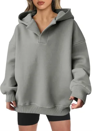 YUHGODO Womens Casual Oversized Hoodies V Neck Long Sleeve Loose Pullovers Sweatshirts Active Preppy Hoodie for Teen Girls