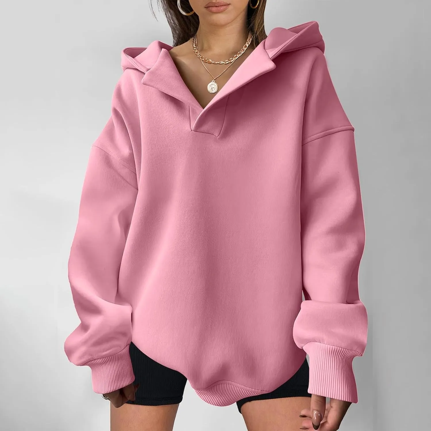 YUHGODO Womens Casual Oversized Hoodies V Neck Long Sleeve Loose Pullovers Sweatshirts Active Preppy Hoodie for Teen Girls