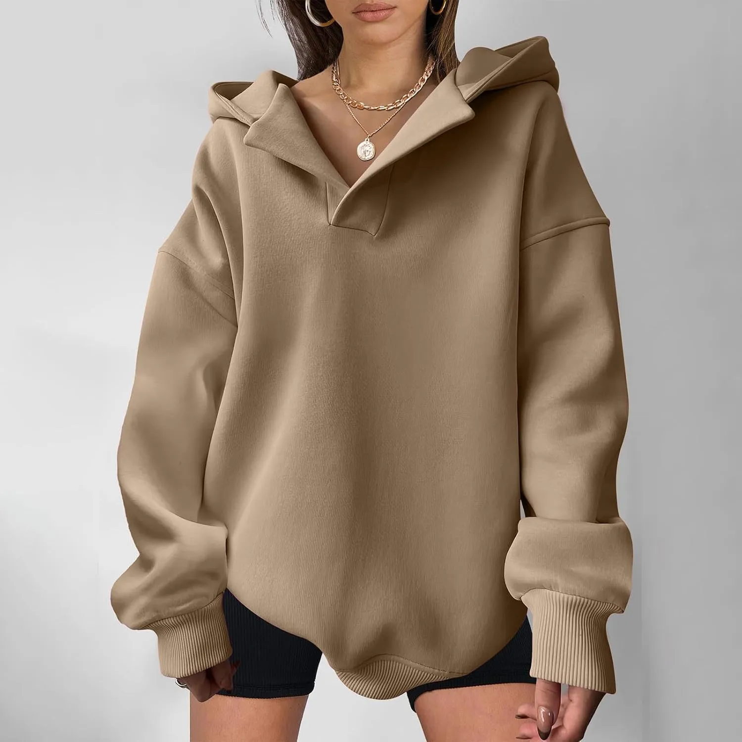 YUHGODO Womens Casual Oversized Hoodies V Neck Long Sleeve Loose Pullovers Sweatshirts Active Preppy Hoodie for Teen Girls
