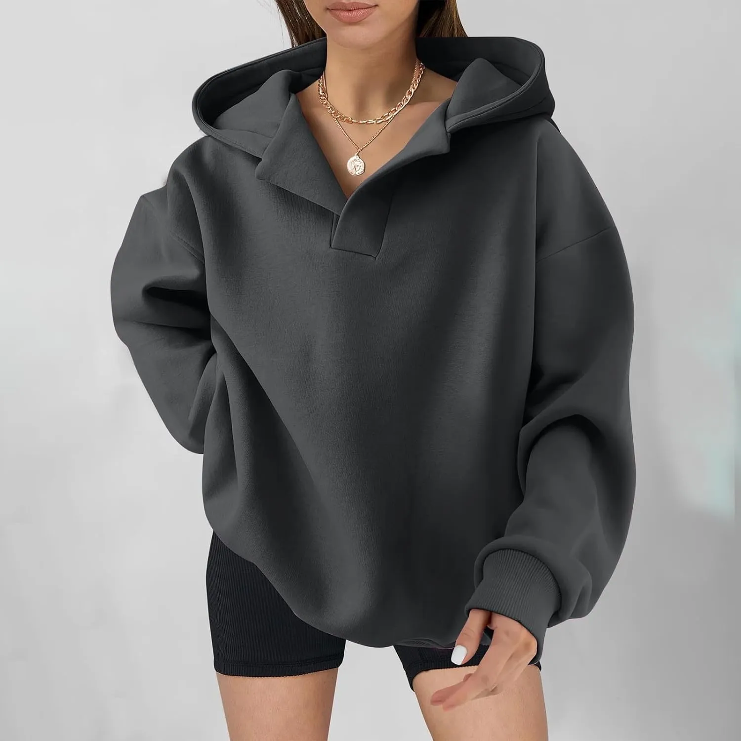 YUHGODO Womens Casual Oversized Hoodies V Neck Long Sleeve Loose Pullovers Sweatshirts Active Preppy Hoodie for Teen Girls