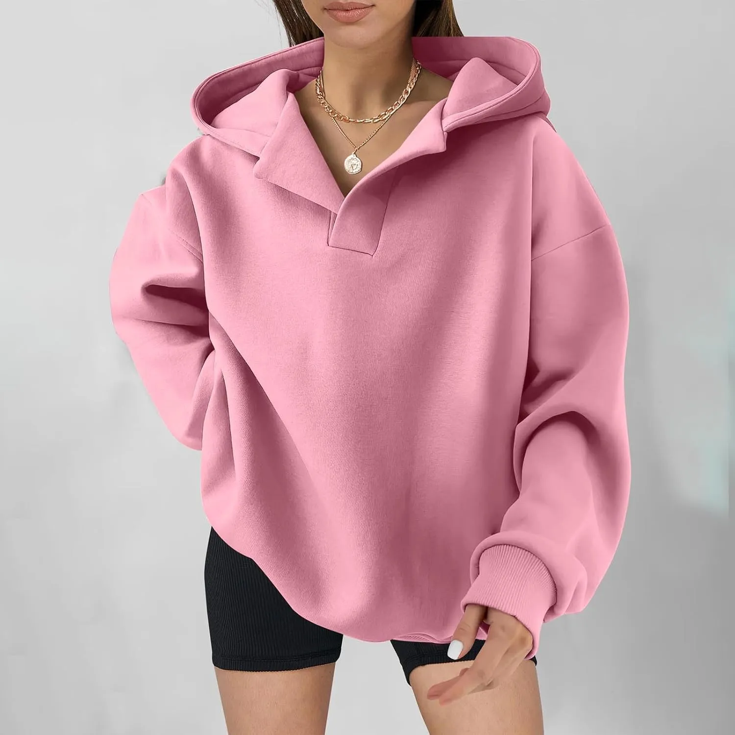 YUHGODO Womens Casual Oversized Hoodies V Neck Long Sleeve Loose Pullovers Sweatshirts Active Preppy Hoodie for Teen Girls