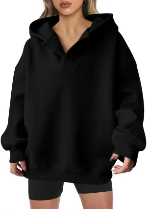 YUHGODO Womens Casual Oversized Hoodies V Neck Long Sleeve Loose Pullovers Sweatshirts Active Preppy Hoodie for Teen Girls