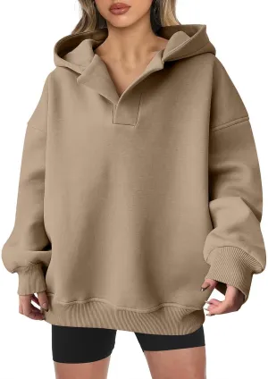 YUHGODO Womens Casual Oversized Hoodies V Neck Long Sleeve Loose Pullovers Sweatshirts Active Preppy Hoodie for Teen Girls