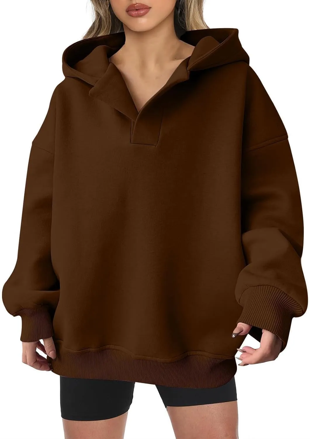 YUHGODO Womens Casual Oversized Hoodies V Neck Long Sleeve Loose Pullovers Sweatshirts Active Preppy Hoodie for Teen Girls