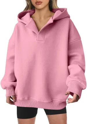 YUHGODO Womens Casual Oversized Hoodies V Neck Long Sleeve Loose Pullovers Sweatshirts Active Preppy Hoodie for Teen Girls