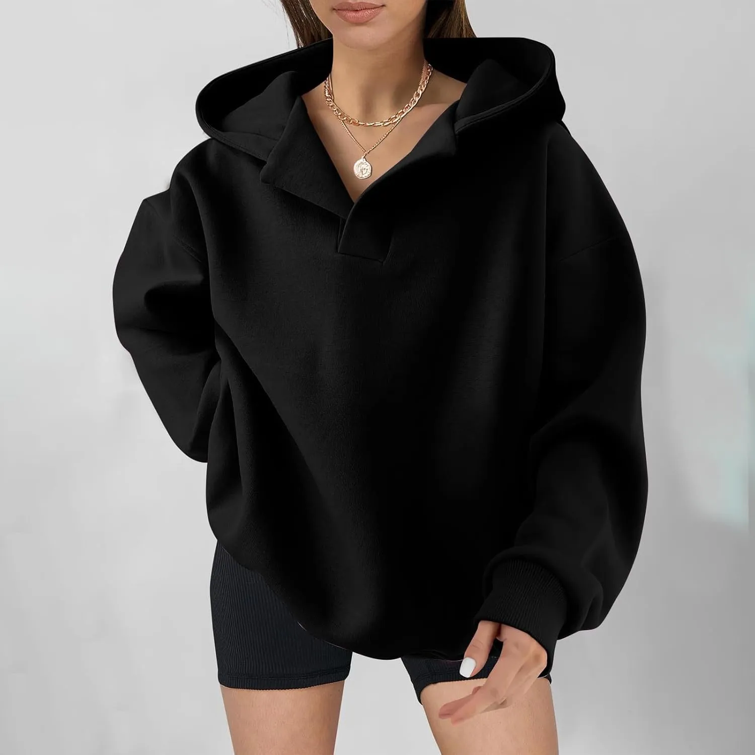 YUHGODO Womens Casual Oversized Hoodies V Neck Long Sleeve Loose Pullovers Sweatshirts Active Preppy Hoodie for Teen Girls