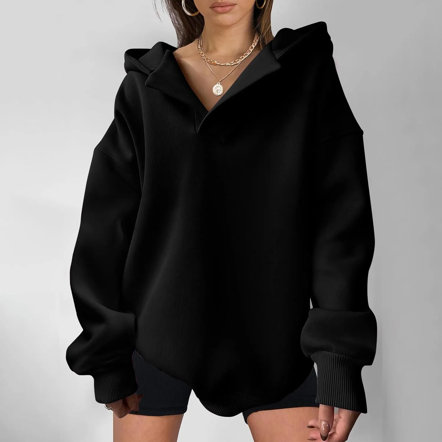 YUHGODO Womens Casual Oversized Hoodies V Neck Long Sleeve Loose Pullovers Sweatshirts Active Preppy Hoodie for Teen Girls