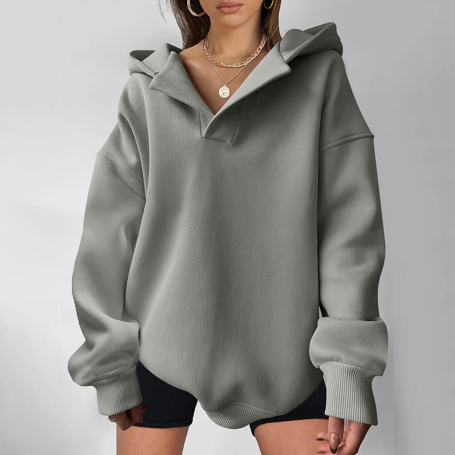 YUHGODO Womens Casual Oversized Hoodies V Neck Long Sleeve Loose Pullovers Sweatshirts Active Preppy Hoodie for Teen Girls