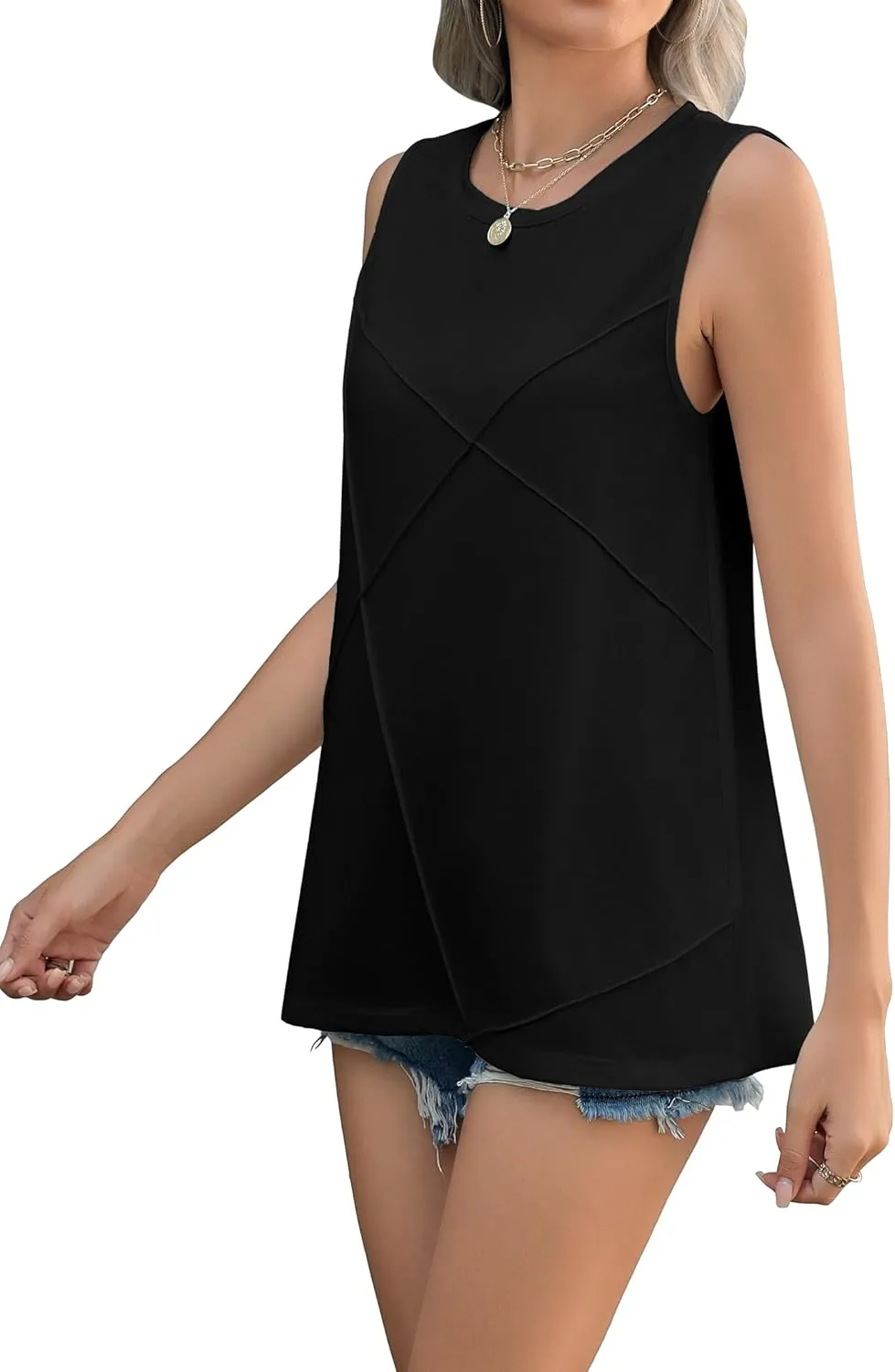 Zeagoo Beach Vacation Clothes for Women Pleated High Neck Flowy Sleeveless Tank Tops Summer Loose Fit Tunic Blouses