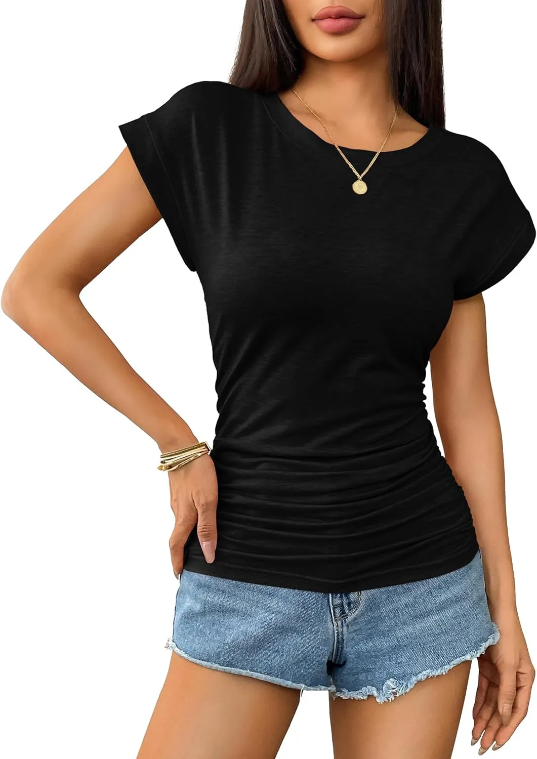 Zeagoo Womens Summer Tops Ruched Cap Short Sleeve Tshirts Shirts Crew Neck T Shirts Trendy 2025 Fashion S-XXXL
