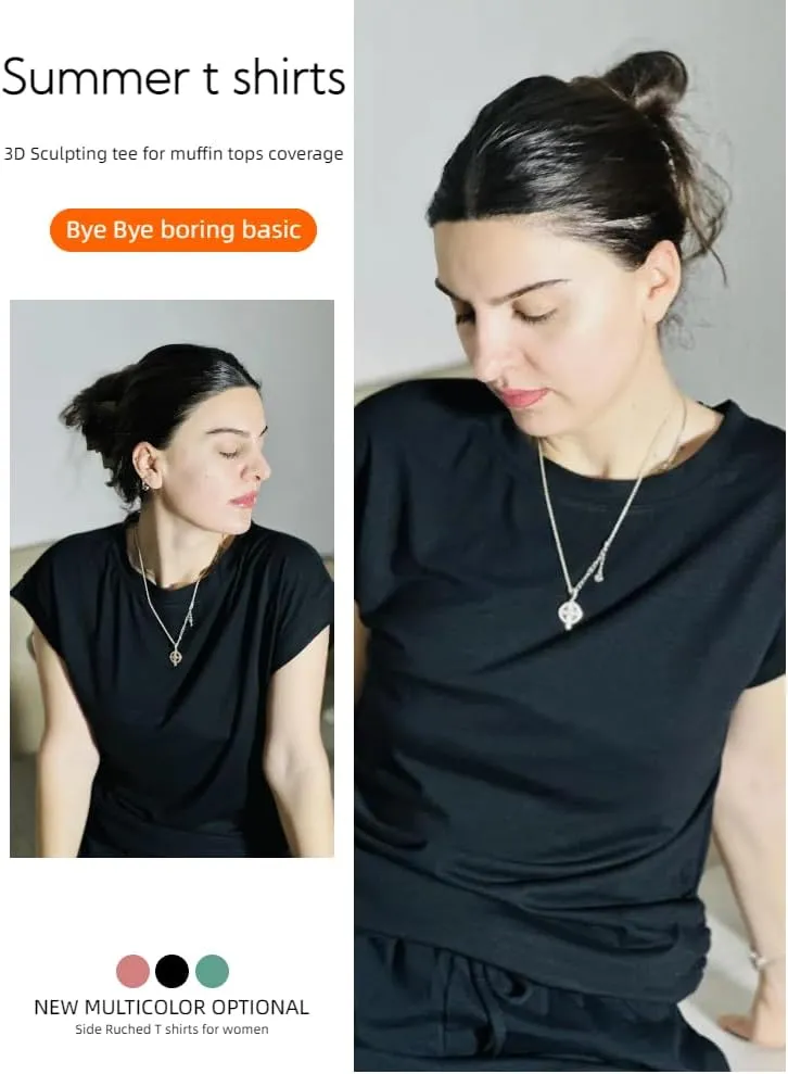 Zeagoo Womens Summer Tops Ruched Cap Short Sleeve Tshirts Shirts Crew Neck T Shirts Trendy 2025 Fashion S-XXXL