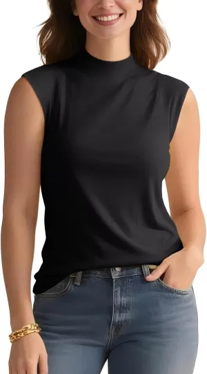 Zengjo Sleeveless Tops for Women - Mock Neck Fitted Tank Top, Ribbed Knit Layering Shirt for Work or Casual
