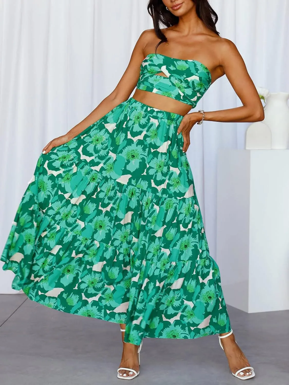 ZESICA Women's 2025 Summer Plaid Flower Elastic High Waist Flowy A Line Maxi Skirt with Pockets
