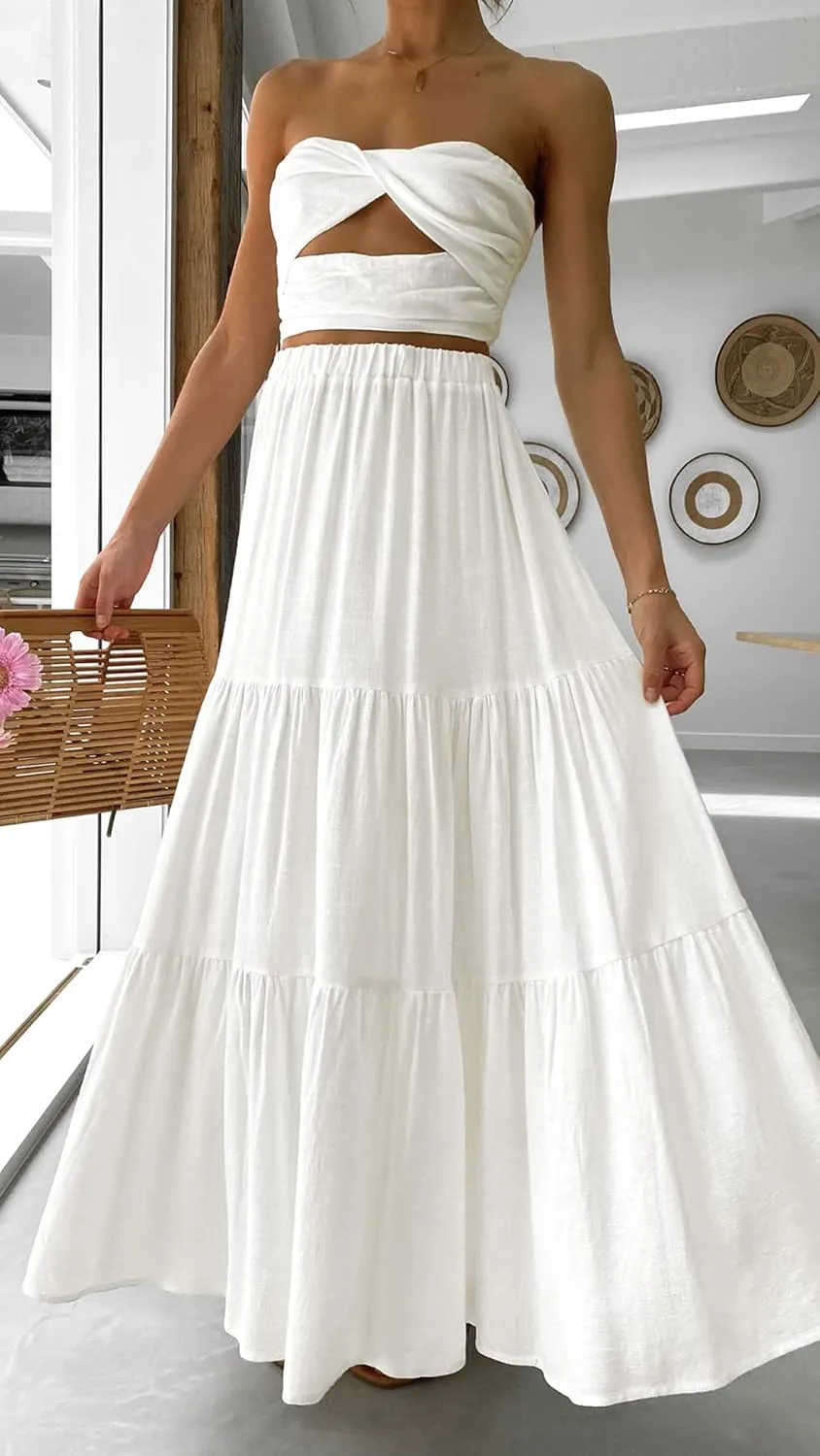 ZESICA Women's 2025 Summer Plaid Flower Elastic High Waist Flowy A Line Maxi Skirt with Pockets