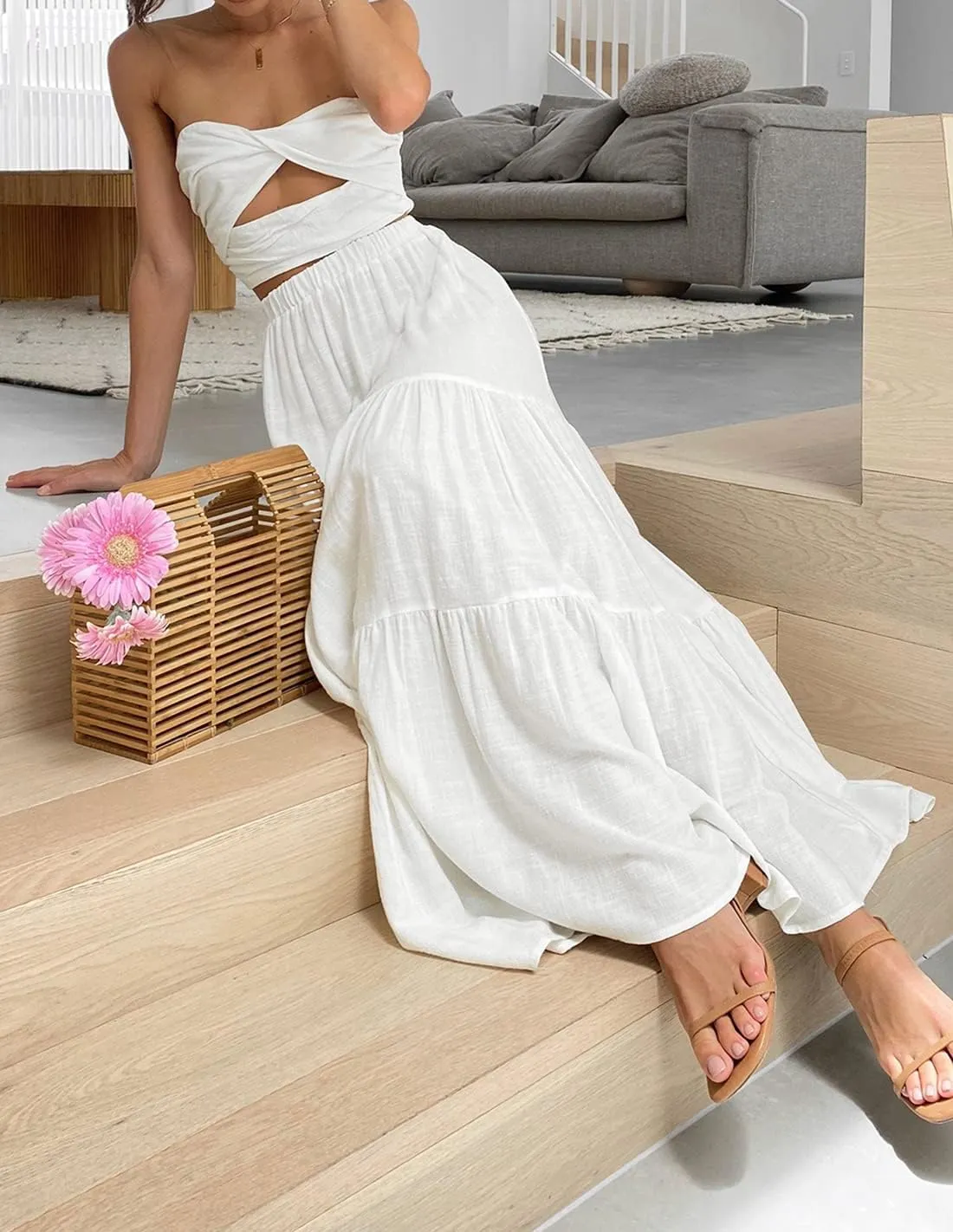 ZESICA Women's 2025 Summer Plaid Flower Elastic High Waist Flowy A Line Maxi Skirt with Pockets