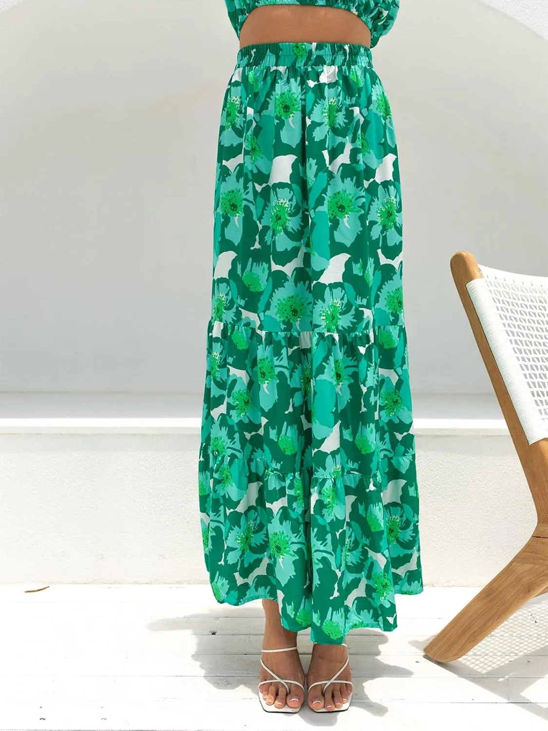 ZESICA Women's 2025 Summer Plaid Flower Elastic High Waist Flowy A Line Maxi Skirt with Pockets