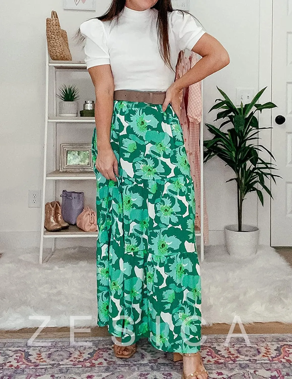 ZESICA Women's 2025 Summer Plaid Flower Elastic High Waist Flowy A Line Maxi Skirt with Pockets