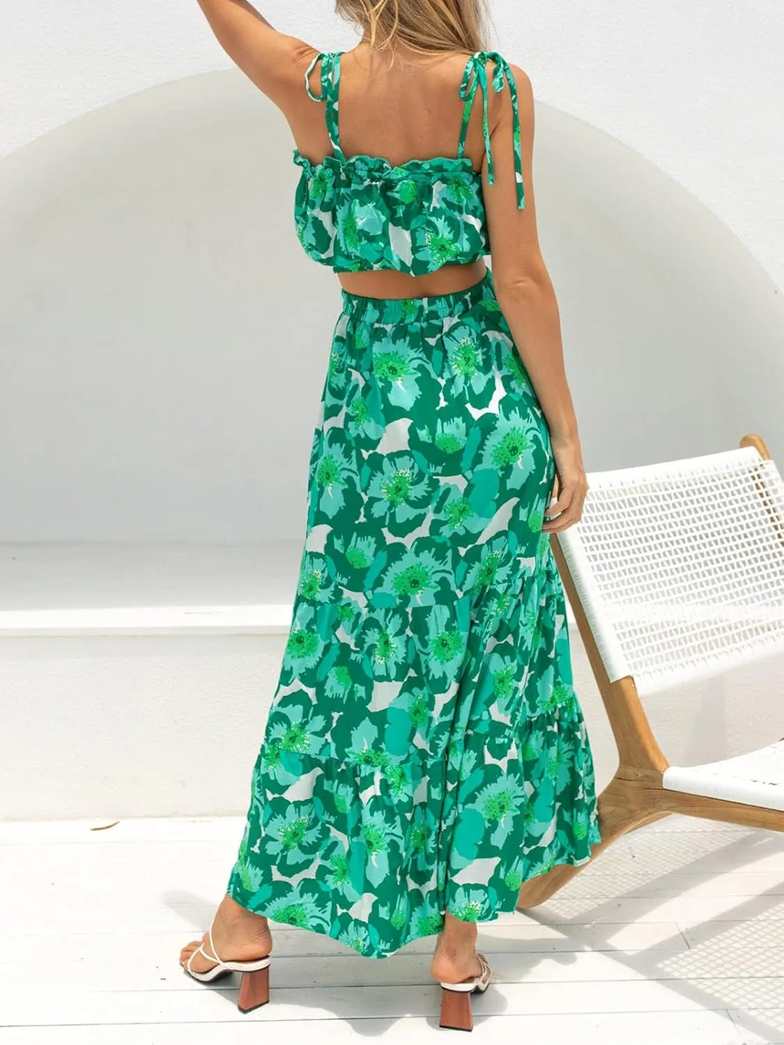ZESICA Women's 2025 Summer Plaid Flower Elastic High Waist Flowy A Line Maxi Skirt with Pockets