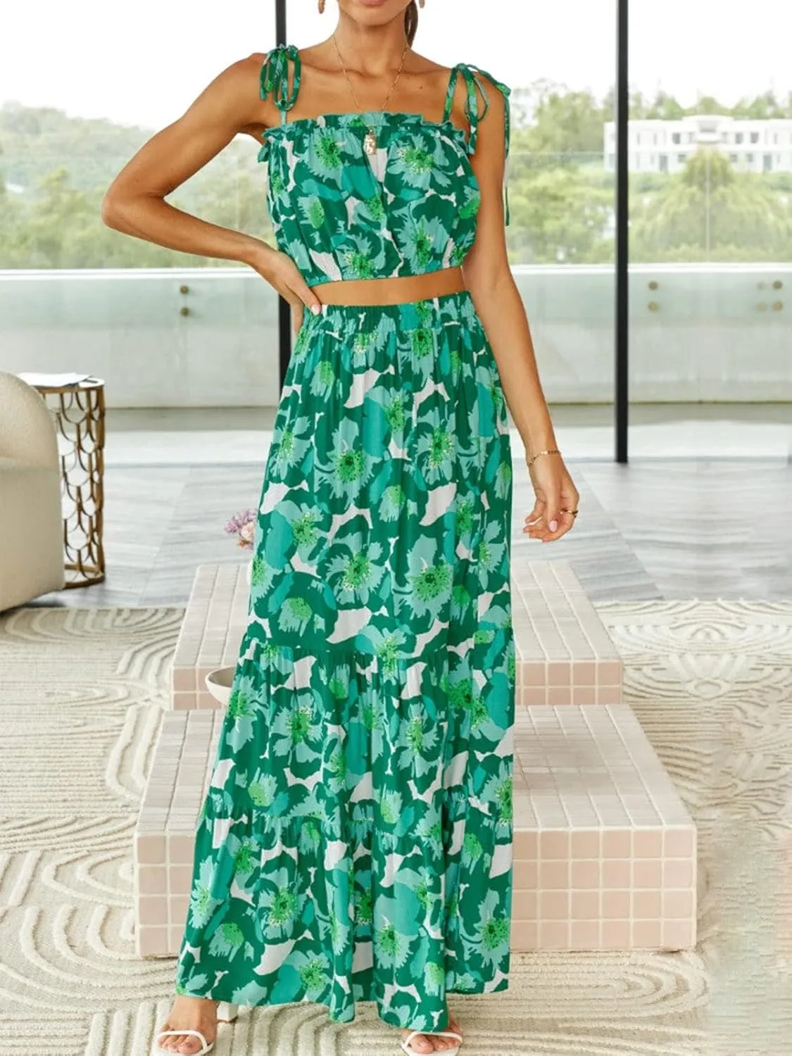 ZESICA Women's 2025 Summer Plaid Flower Elastic High Waist Flowy A Line Maxi Skirt with Pockets