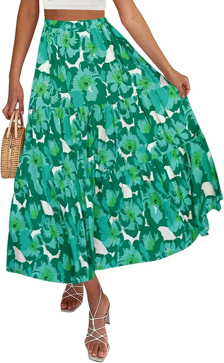 ZESICA Women's 2025 Summer Plaid Flower Elastic High Waist Flowy A Line Maxi Skirt with Pockets