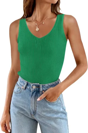 ZESICA Womens Ribbed Tank Tops Summer Sleeveless V Neck Shirts Casual Sexy Slim Fitted Basic Knit Tees