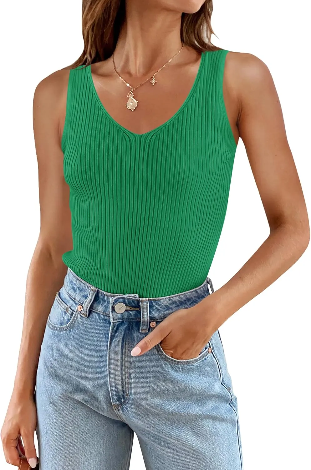 ZESICA Womens Ribbed Tank Tops Summer Sleeveless V Neck Shirts Casual Sexy Slim Fitted Basic Knit Tees