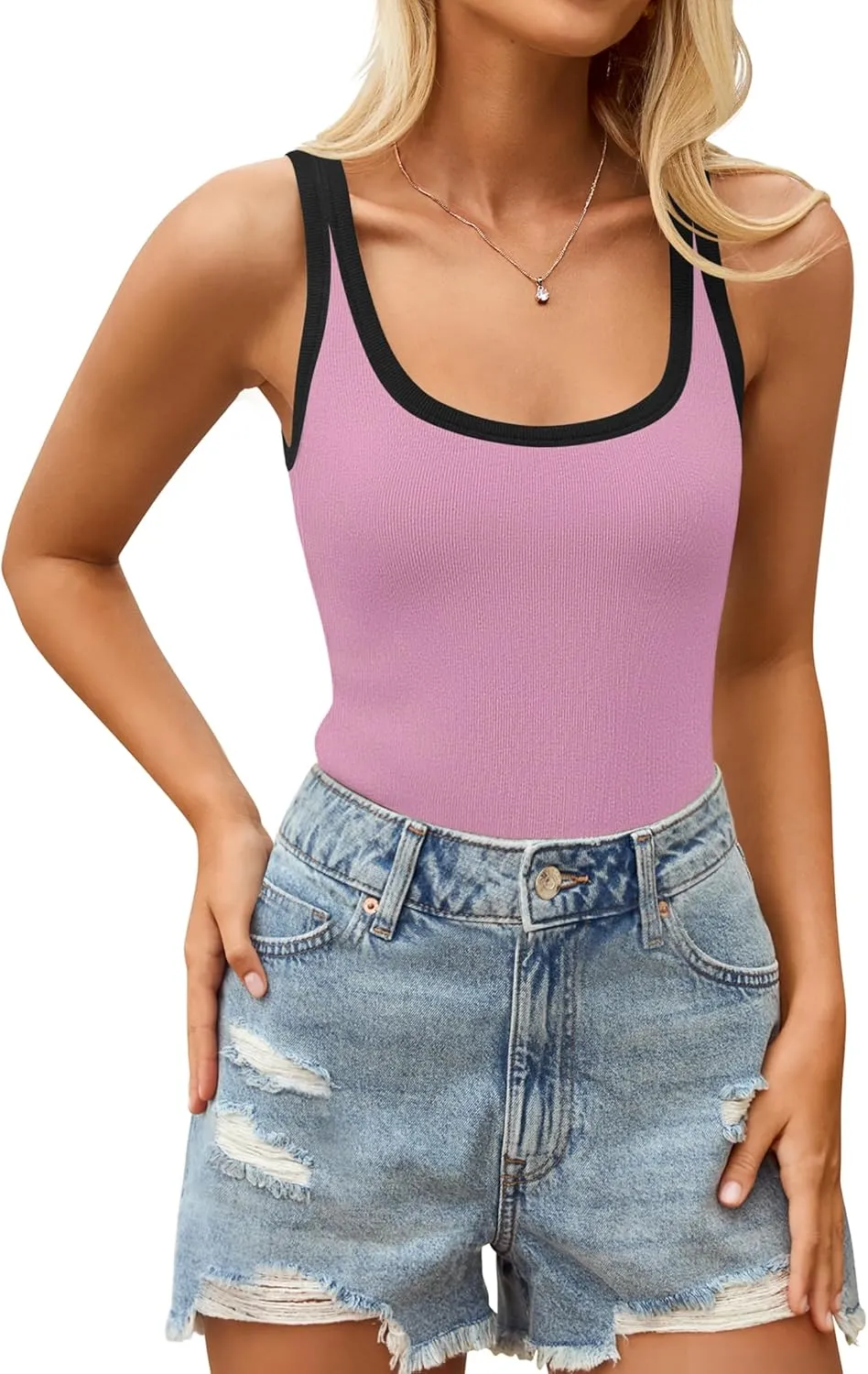 ZESICA Women's Sleeveless Tank Tops Summer Scoop Neck Ribbed Knit Slim Fitted Casual Basic Tee Shirts