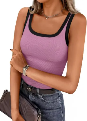 ZESICA Women's Sleeveless Tank Tops Summer Scoop Neck Ribbed Knit Slim Fitted Casual Basic Tee Shirts