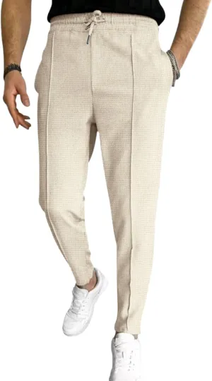 ZWRXW Men's Pants Pleated Front Casual Waffle Long Trousers Tapered Elastic Waist Drawstring Sweatpants with Pockets